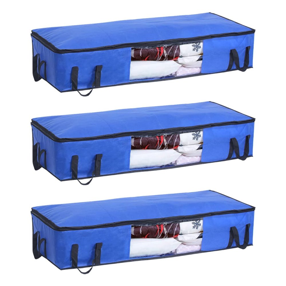 PrettyKrafts Set of 3 Non Woven Underbed Storage Bag with Handles, Clear Window & Zipper Lock | Space Saving/Foldable/Rectangular Quilt, Comforter, Blankets Storage Bag (98x40x19cm, Blue)