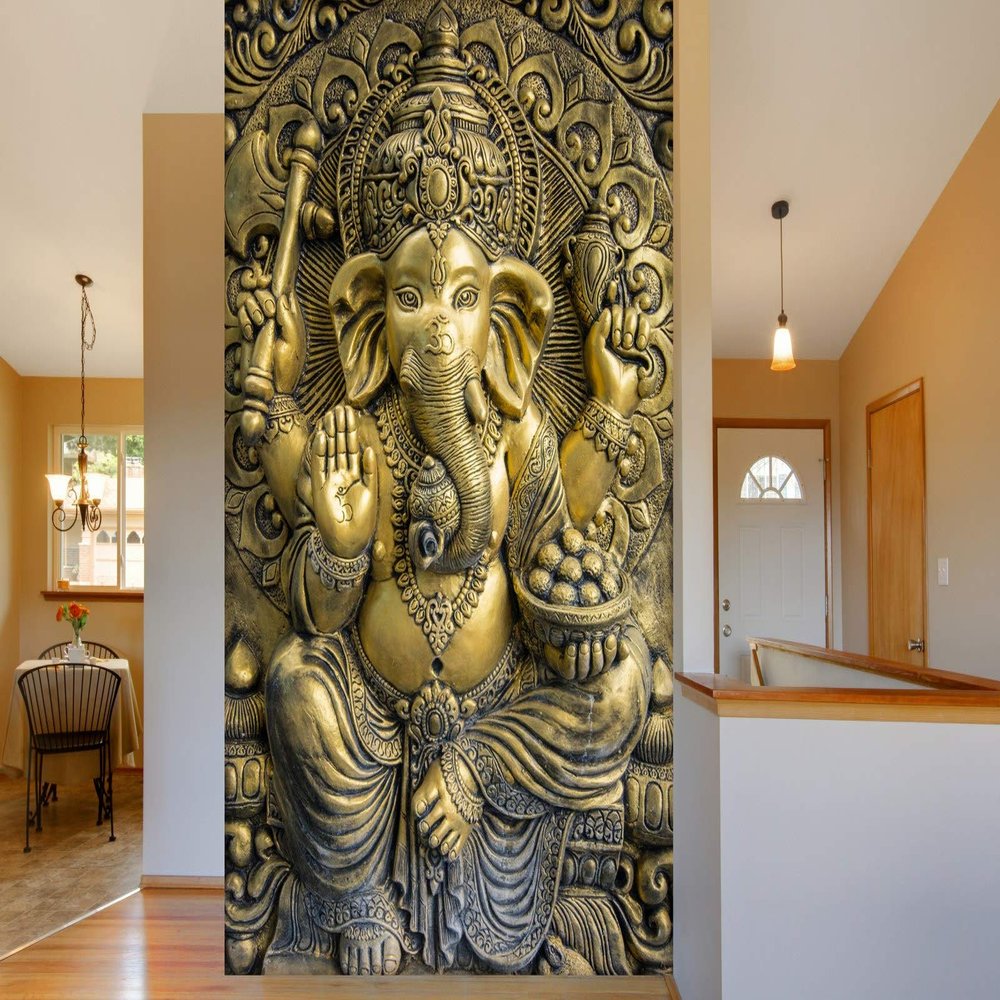 999STORE 3D Print Latest Door Living Room Home Hall Wall Stickers Sheet roll 3D Ganesha Wallpapers for Walls Golden Ganesha Mural Wallpaper for Bedroom (Vinyl Self Adhesive 24X36 Inches) NonW230960