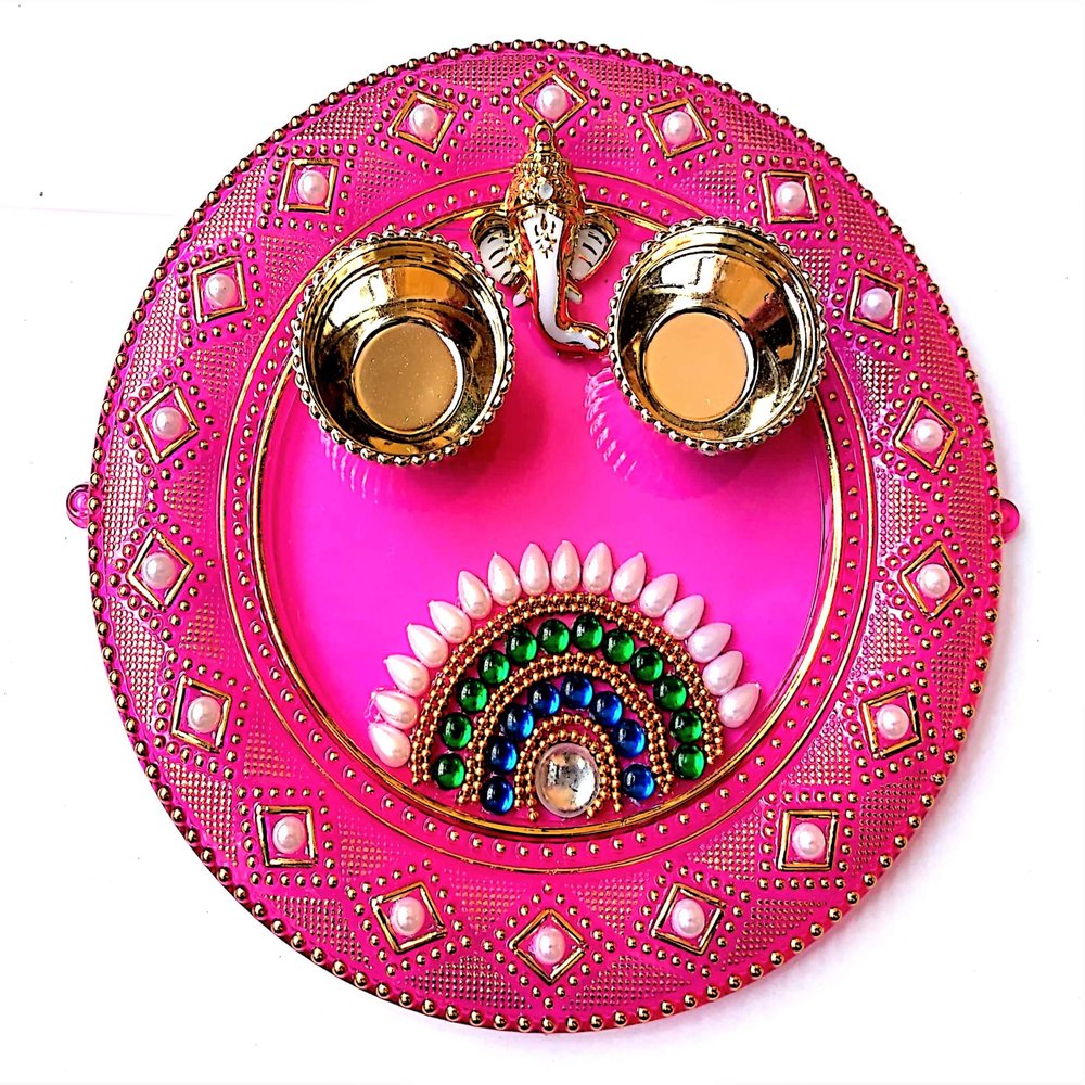 PRAHLL Acrylic Haldi Kumkum Puja Thali Set with Ganesha (Pink)