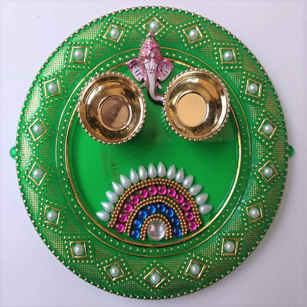PRAHLL Acrylic Haldi Kumkum Puja Thali Set with Ganesha (Green)