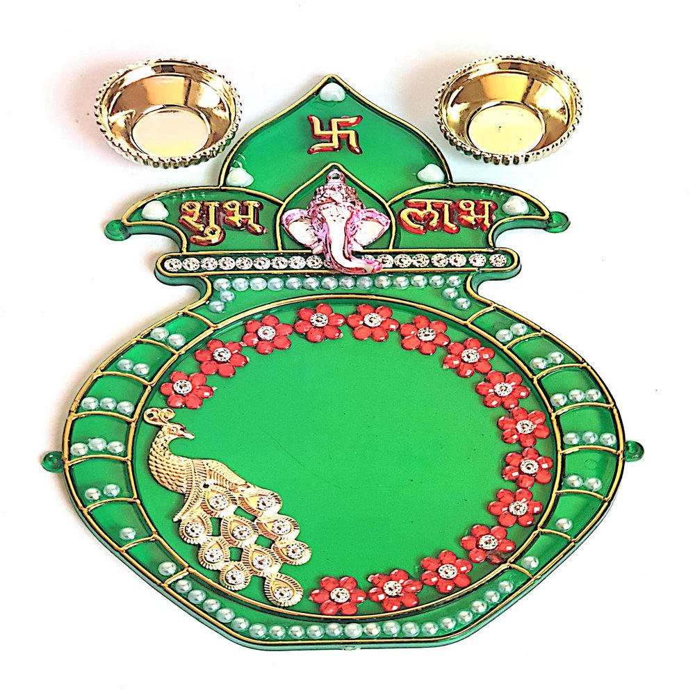 PRAHLL Acrylic Kalash Shape Plate with Kumkum Bowls (Green_7 Inch X 3.5 Inch)