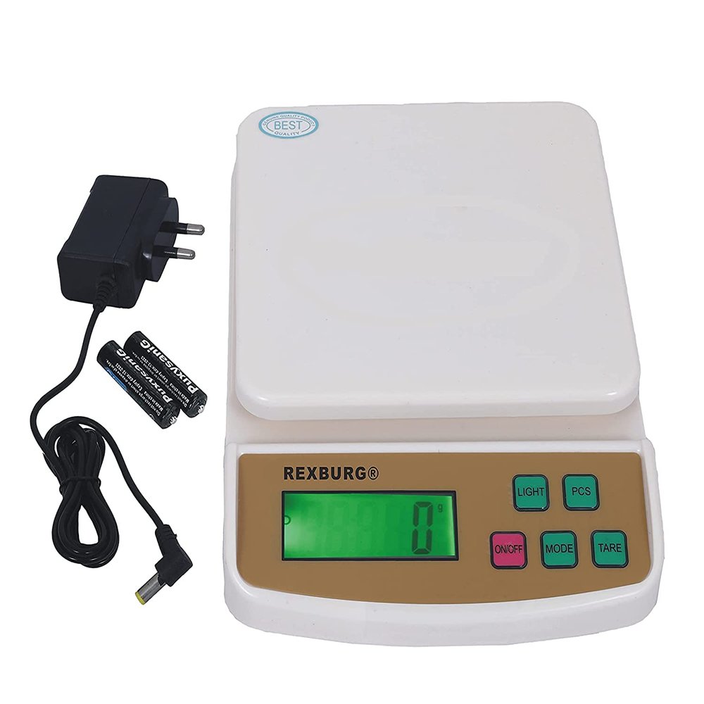 REXBURG Electronic Kitchen Digital Weighing Scale with Tare Function with Adaptor (10 Kg-SF 400A) - White