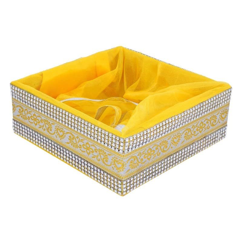 LINE 'N' CURVES Yellow Square Lace Decorative Basket for Gifts & Wedding Hampers Small 8x8x3 Dry Fruit Basket, Multi-Purpose Storage, Ideal for Gifting, Pack of 5