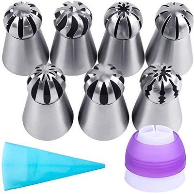 Zollyss 7 Pc Sphere Ball Flowers Russian Nozzles Tips with Icing Piping Bag Pastry Cake Fondant Cupcake Buttercream DIY Baking Decorating Tool Set (Set of 9) - Stainless Steel & Plastic