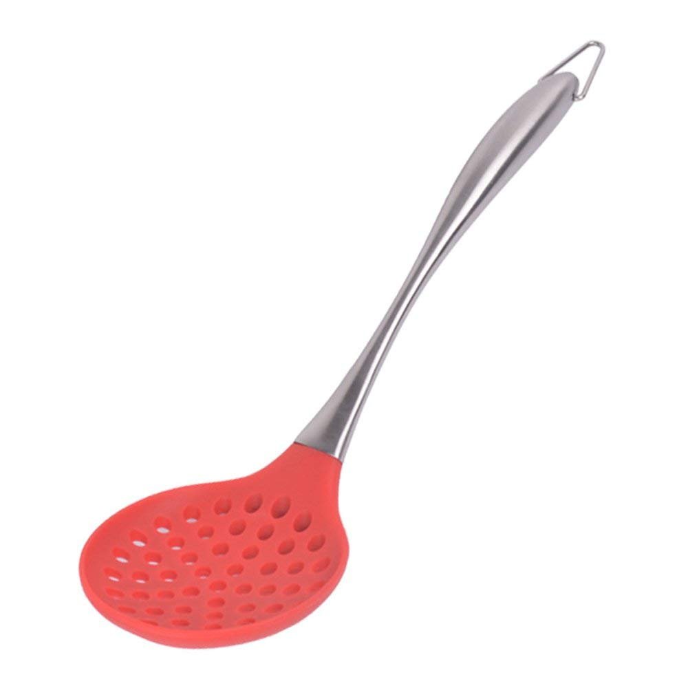 Baskety Premium Silicone Kitchen Utensil Silicone Slotted Skimmer Strainer Spoon with 18/0 Stainless Steel Stay Cool Handle (Red)
