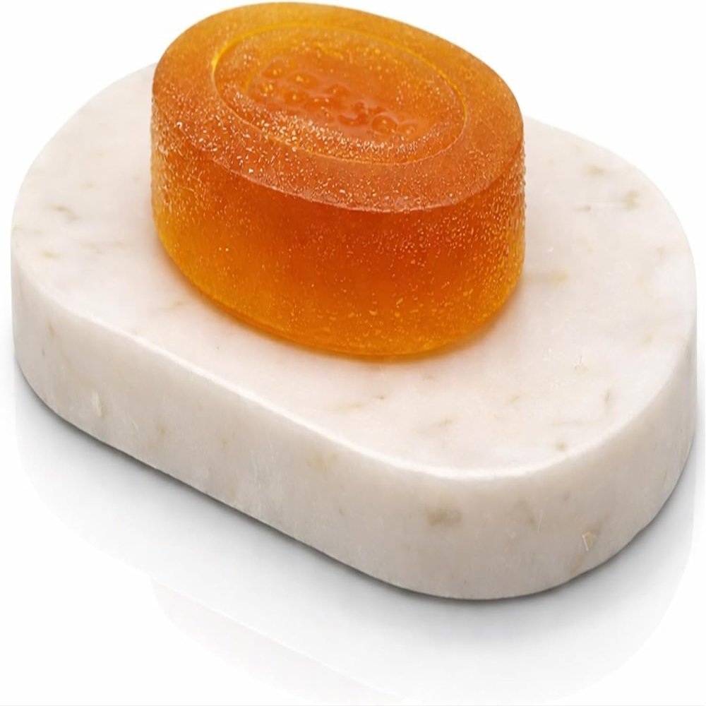 KC KULLICRAFT Natural Marble Soap Dish  Oval Stone Soap Holder with Drainage Holes, Heavy Duty Bathroom Countertop Soap Tray, Handmade Bath Accessory (15 x 9 cm)