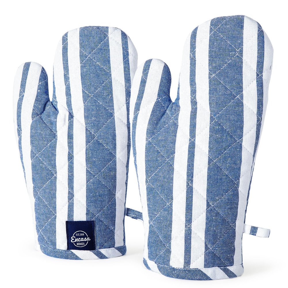 Encasa XO Oven Gloves for Microwave (2 pc Set) - Heat Proof, Thick & Safe | Longer 18x30 cm Mittens for Protection in Kitchen Cooking & Baking - Franca Blue Stripes