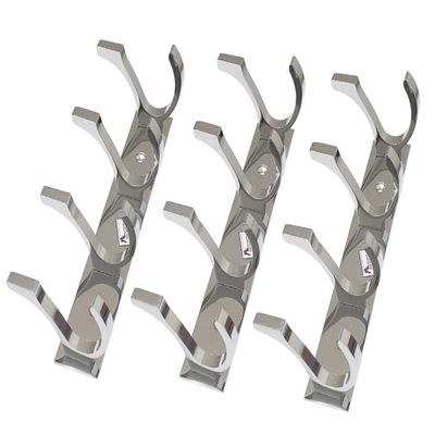 PROMIXO Delux Stainless Steel 4 Pin (Pack of 3) Cloth Hanger Wall Mounted Bathroom Cloth Hanger,Coth Wall Hook,Door Hooks Rail for Hanging Keys,Clothes,Towel.