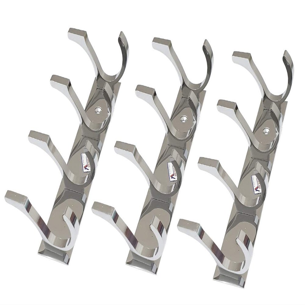 PROMIXO Delux Stainless Steel 4 Pin (Pack of 3) Cloth Hanger Wall Mounted Bathroom Cloth Hanger,Coth Wall Hook,Door Hooks Rail for Hanging Keys,Clothes,Towel.