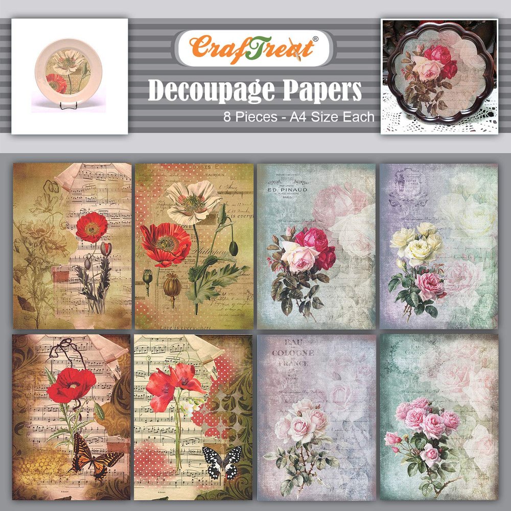 CrafTreat Rose Decoupage Paper for Art and Craft - Poppies and Roses - 8 Pcs - Size A4 - Traditional Decoupage Papers sheets - Floral Decoupage paper for furniture