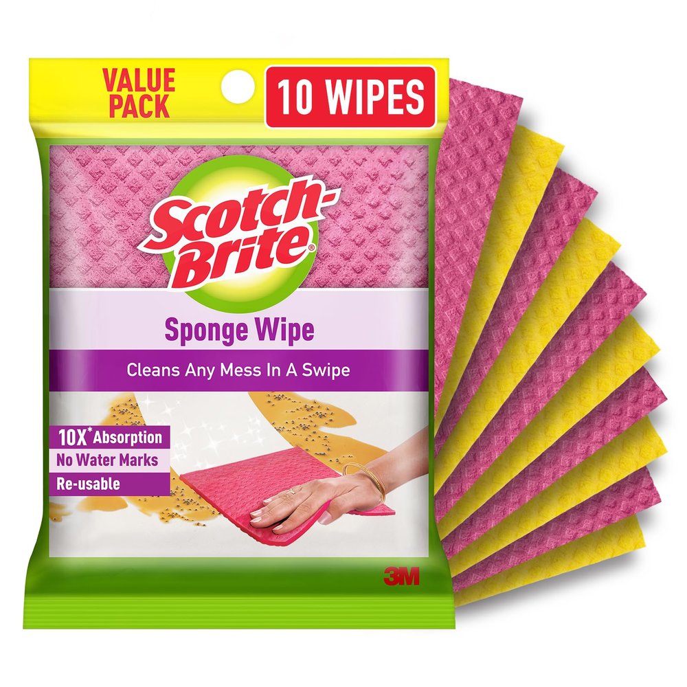 Scotch-Brite Sponge Wipes- Reusable, Kitchen and House Cleaning- Easy to use, Cleans any mess in a swipe, Absorbs water its own 10x weight, Multi- color, Biodegradable (pack of 10)
