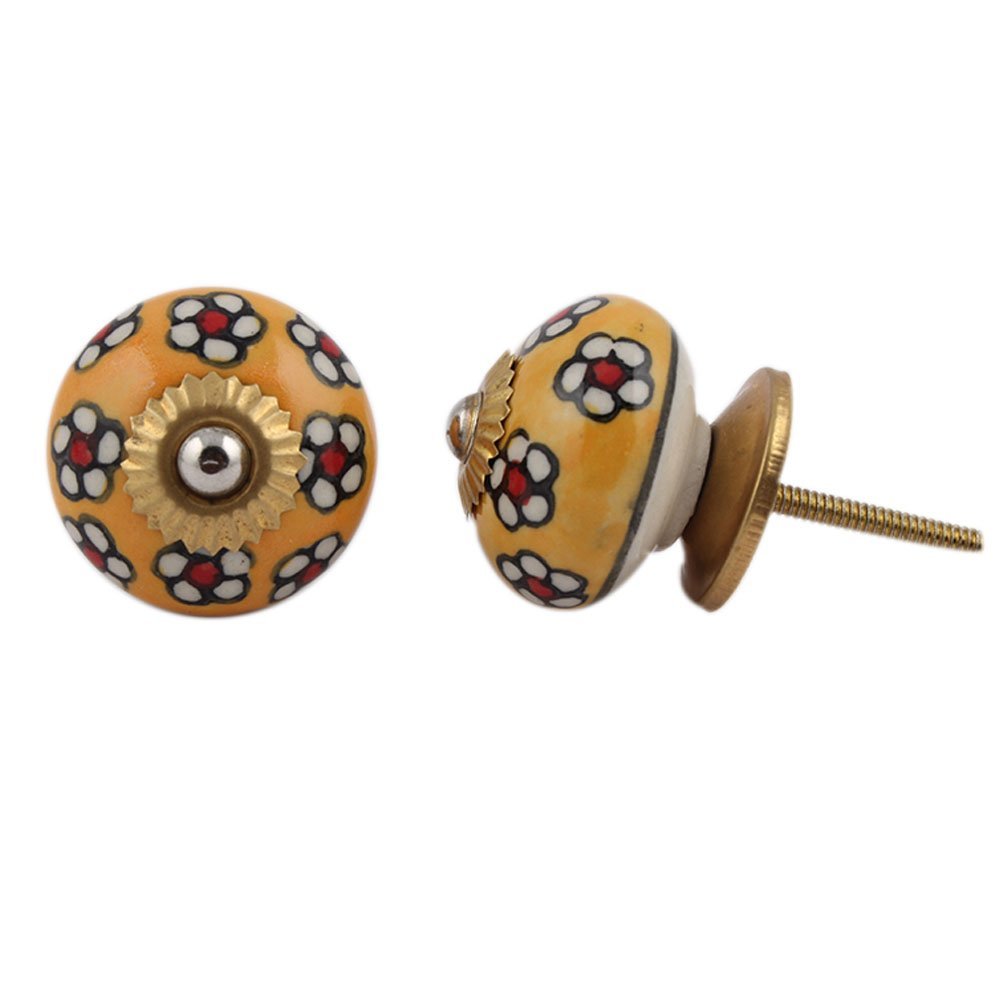 Indian-Shelf 8 Packs Yellow Flower Ceramic Drawer Knobs for Kitchen Cabinet Hardware Door Decorative Dresser Pulls Premium Handmade