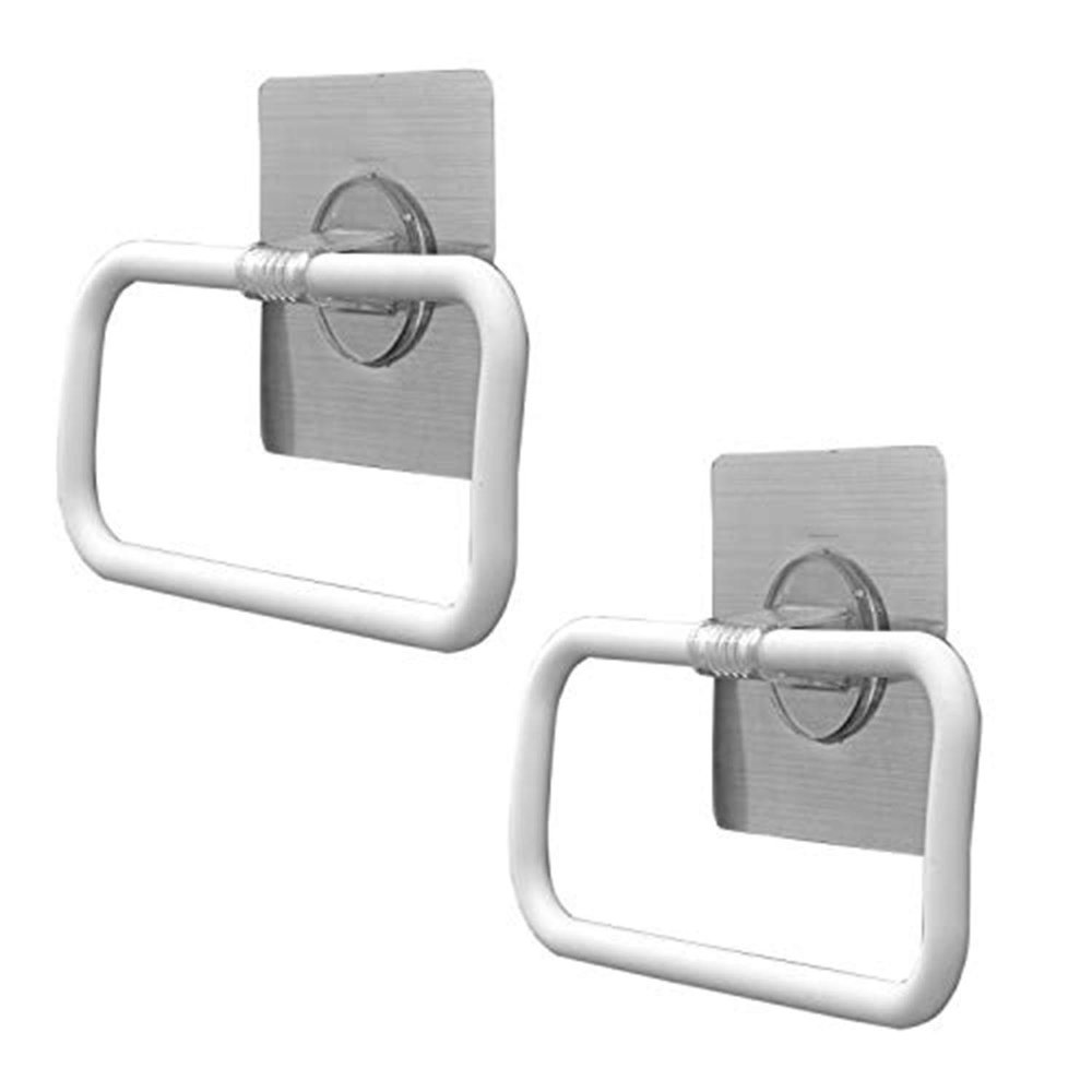 HOKIPO Magic Sticker Series Self-Adhesive Plastic Towel Holder Hanger (White) -Pack of 2