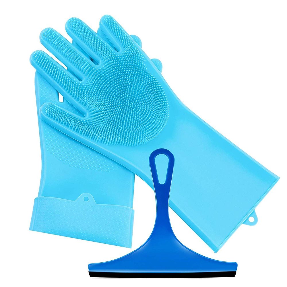 SUNAM Magic Washing Gloves and Wiper 1 Pair Reusable Silicone Dish Scrubber Kitchen Gloves Heat Resistant for Kitchen,Bathroom Cleaning, Bathing, Dishes (Random Colors)