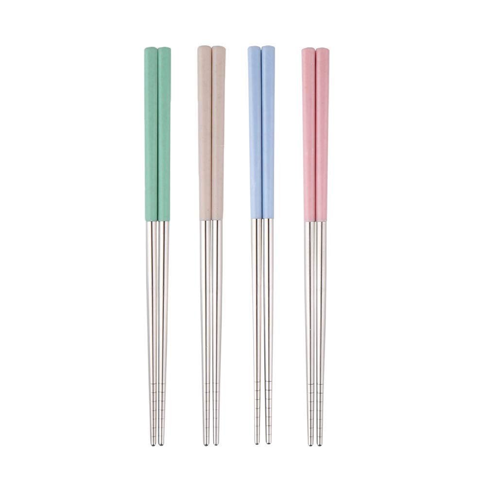 Iktu 4 Pairs Reusable Chopsticks Set - Stainless Steel Japanese Chopsticks, Lightweight Easy to Use Chop Sticks for Sushi, Noodles and Other Asian Food (Silver Wheat Grip)