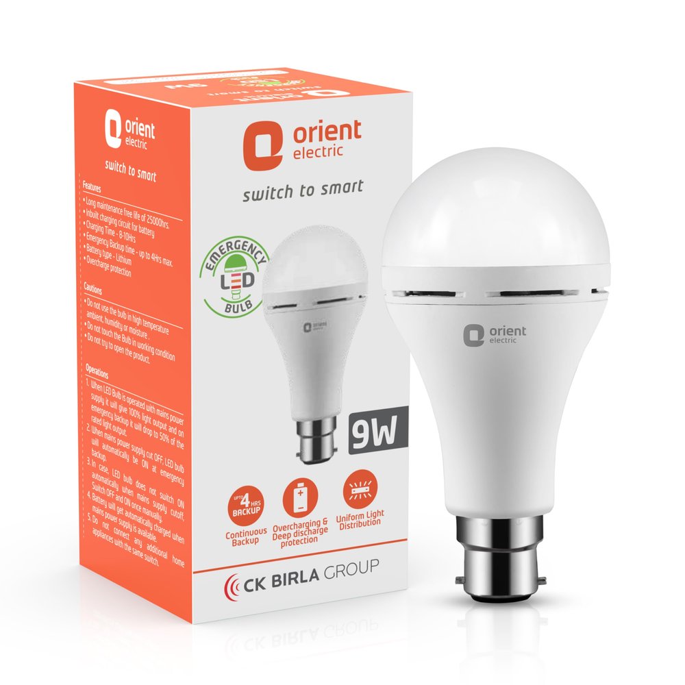 Orient Electric 9Watts Inverter Emergency LED Light Bulb - 6500K, Base B22D (Cool Day White)
