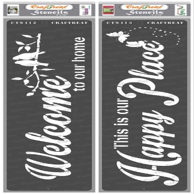 CrafTreat Home Decor Word Stencils - Welcome to Our Home & This is Our Happy Place - Size: 3X12 Inches (2Pcs) - Stencils Combo Pack for Craft - Word Stencils for Painting - Home Decor Stencil