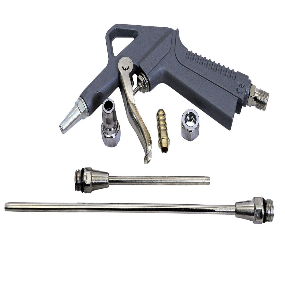 Jon Bhandari Tools Metal Air Dust Blow Gun Set  5-Piece Kit with 2 Nozzles (Long & Short), Connector & Thumb Trigger  High Pressure Air Blower for Dust, Debris & Moisture  Grey & Silver