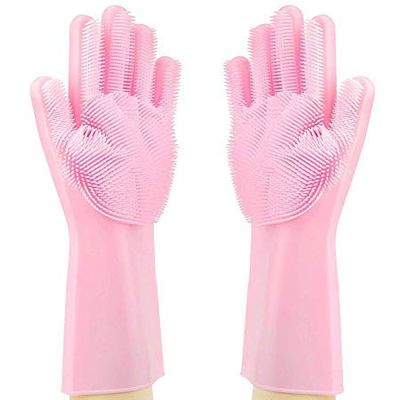 Toriox Magic Silicone Gloves with Wash Scrubber, Reusable Brush Heat Resistant Gloves Kitchen Tool for Cleaning, Dish Washing, Washing The Car, Pet Hair Care - (Multi Color, 1 Pair)