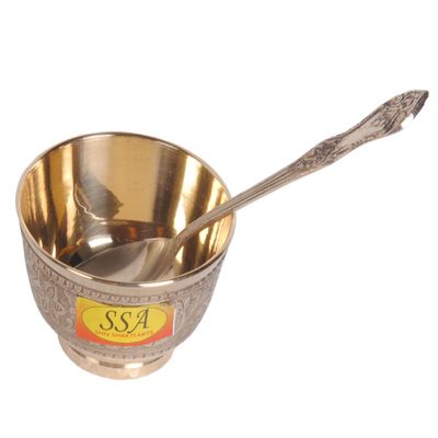 SHIV SHAKTI ARTS Handmade Pure Brass Embossed Flower Design Sign Katori Bowl with Spoon Serving Indian Home Food Homeware::Set of 1