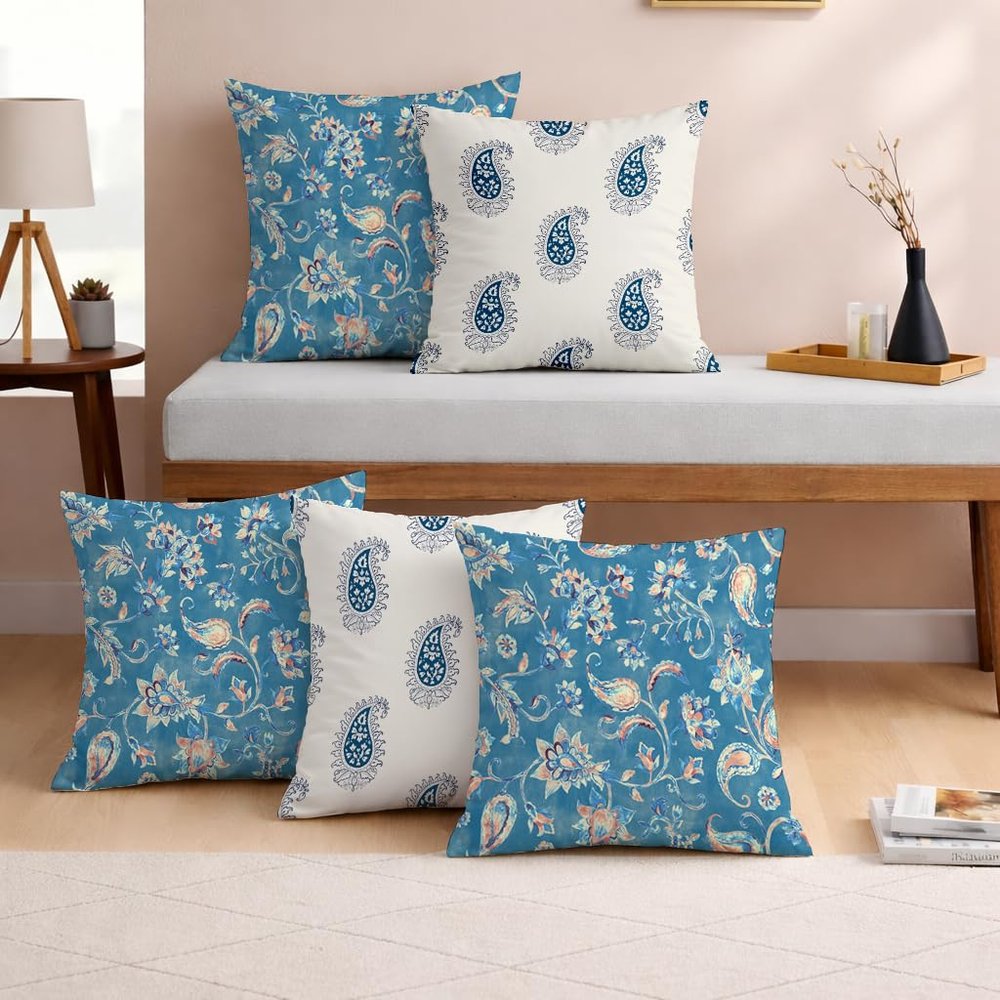 STITCHNEST Set of 5 Polycotton Cushion Covers 12x12 Inches Blue & White Paisley Floral Prints Elegant Traditional Cushion Covers for Sofa & Living Room | Perfect for Home Decor