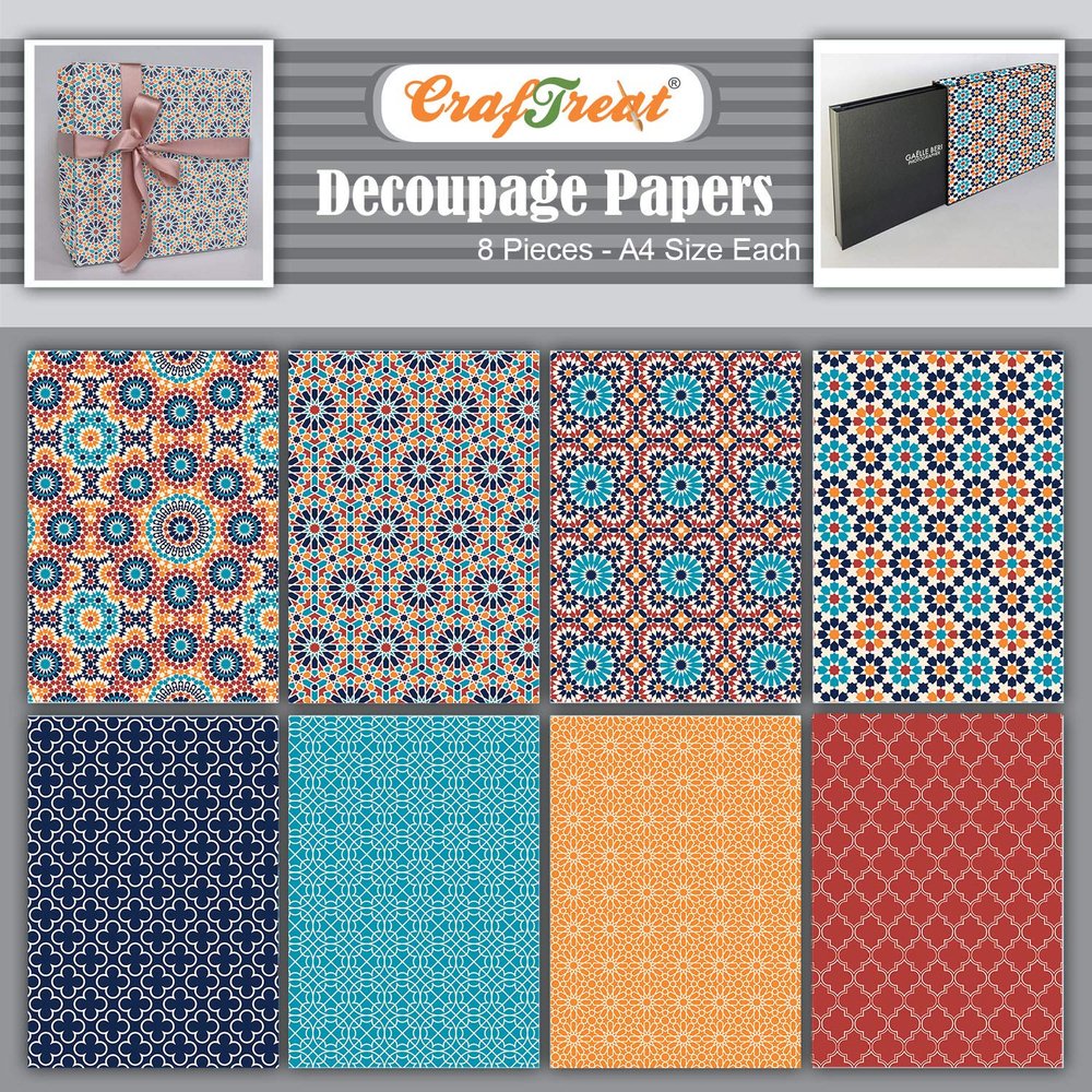 CrafTreat Mosaic Print Decoupage Paper for Art and Craft - I and II - 8 Pcs - Size A4 - Traditional Paper Packs for Kitchen