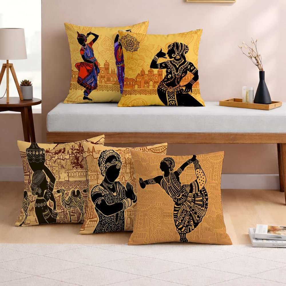 STITCHNEST Set of 5 Nritya Kala Collection Printed Jute Cushion Covers 16x16 Inches | Decorative Throw Pillow Covers for Sofa, Living Room, Bedroom | Perfect for Home Decor