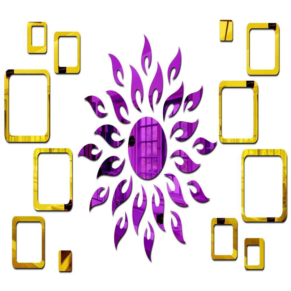 Bikri Kendra - Sun Purple with Square 2 Set Golden - 3D Acrylic Mirror Wall Stickers