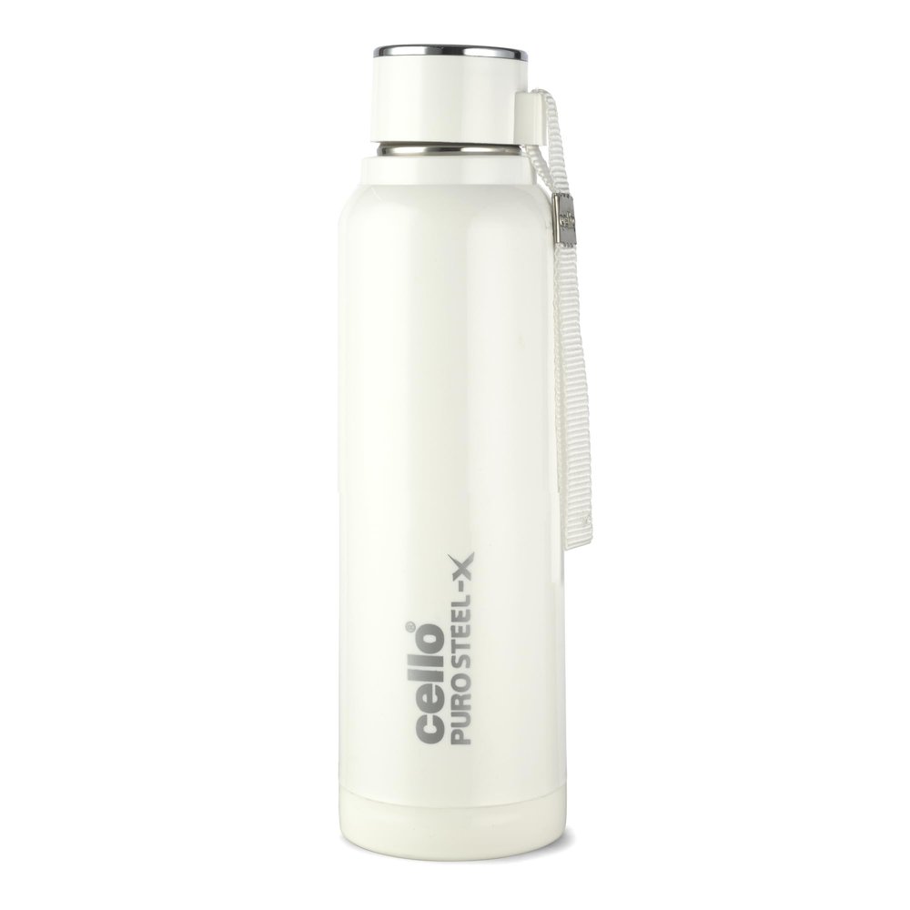 Cello Puro Steel-X Benz 900 PU Insulated Water Bottle 900 ml, White | BPA Free, Leakproof, ISI Certified |Hot & Cold Bottle for Gym, Office, College, Travel, Camping, Indoor & Outdoor Sports & Yoga