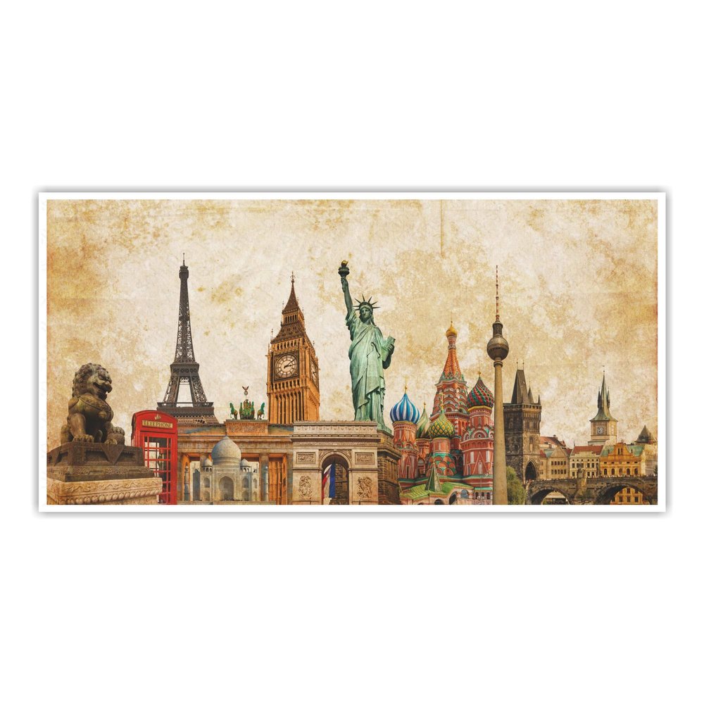 Anne Print Solutions World Landmarks Photo Collage On Vintage Sepia Textured Background Printed Non- Tearable Vinyl Poster ( 12 Inch X 24 Inch*, Multicolour )