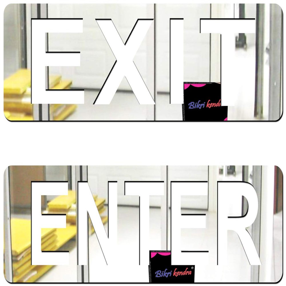 Bikri Kendra - Sign Board Silver Decorative Mirror Stickers for Wall, Wall Mirror Stickers, 3D Acrylic Stickers Wall Stickers for Hall Room, Bed Room, Kitchen Living Room Kids Room. (enter exit)