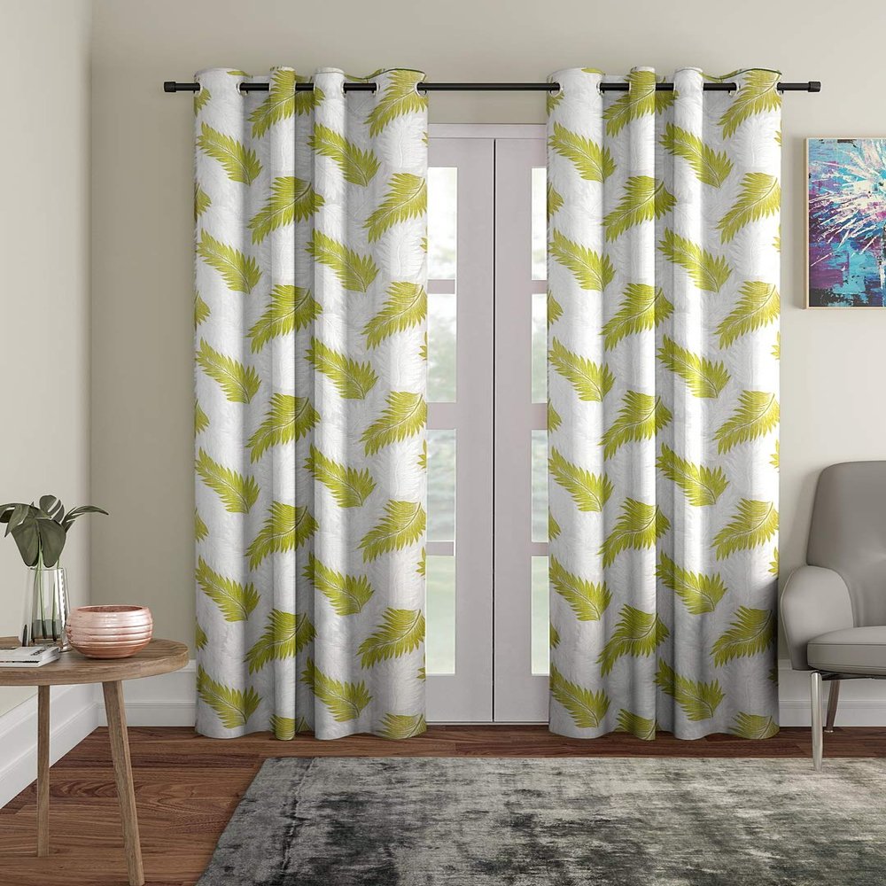 Cortina 2 Piece Leaf Design Panel Eyelet Polyester Door Semi Sheer Curtains - 7 Feet, Green