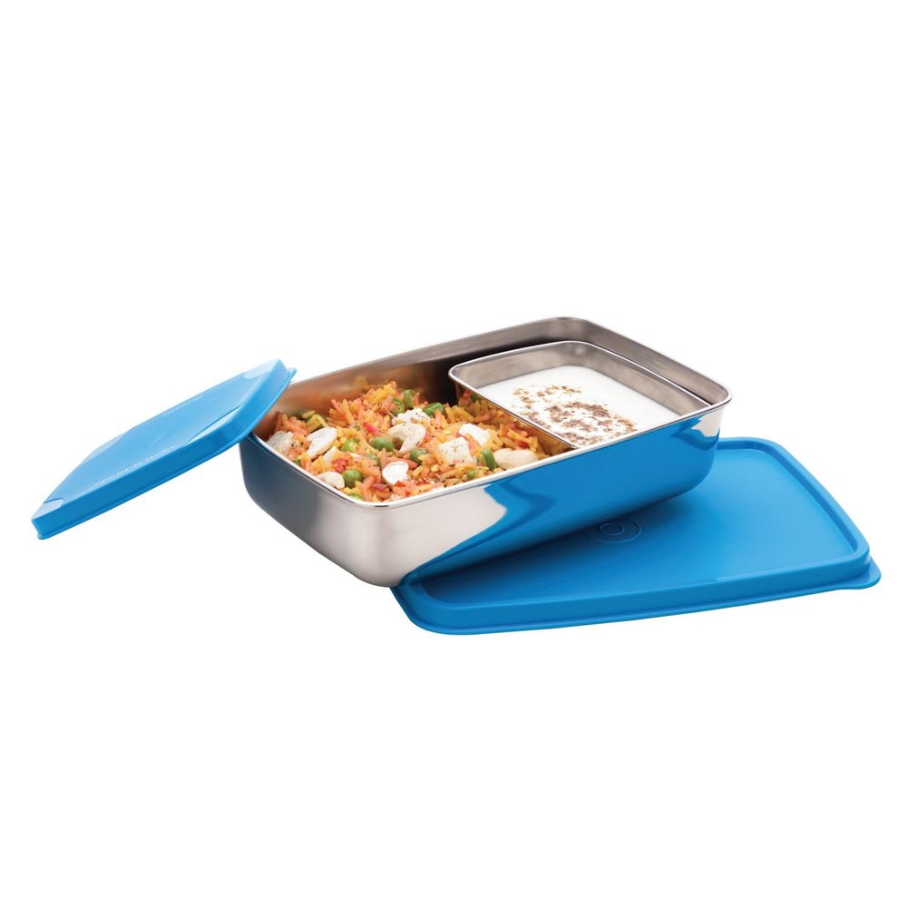 SignoraWare Compact Stainless Steel Small Lunch Box | Two Compartment Tiffin | Airtight & Leakproof | Useful for Travelling, Picnics & outdoor | Best for Office & School use (150ml + 550ml | Blue)