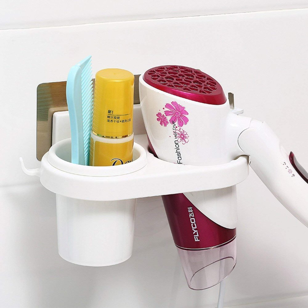 Styleys Plastic Magic Sticker Series Self-Adhesive Hair Dryer Stand Holder for Wall with Sticker White - SQ-5081
