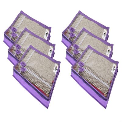 S4S Transparant View Non Woven Flower Design Attractive bow Saree Cover Bag, Cloth Cover (PURPLE_Set of 6)