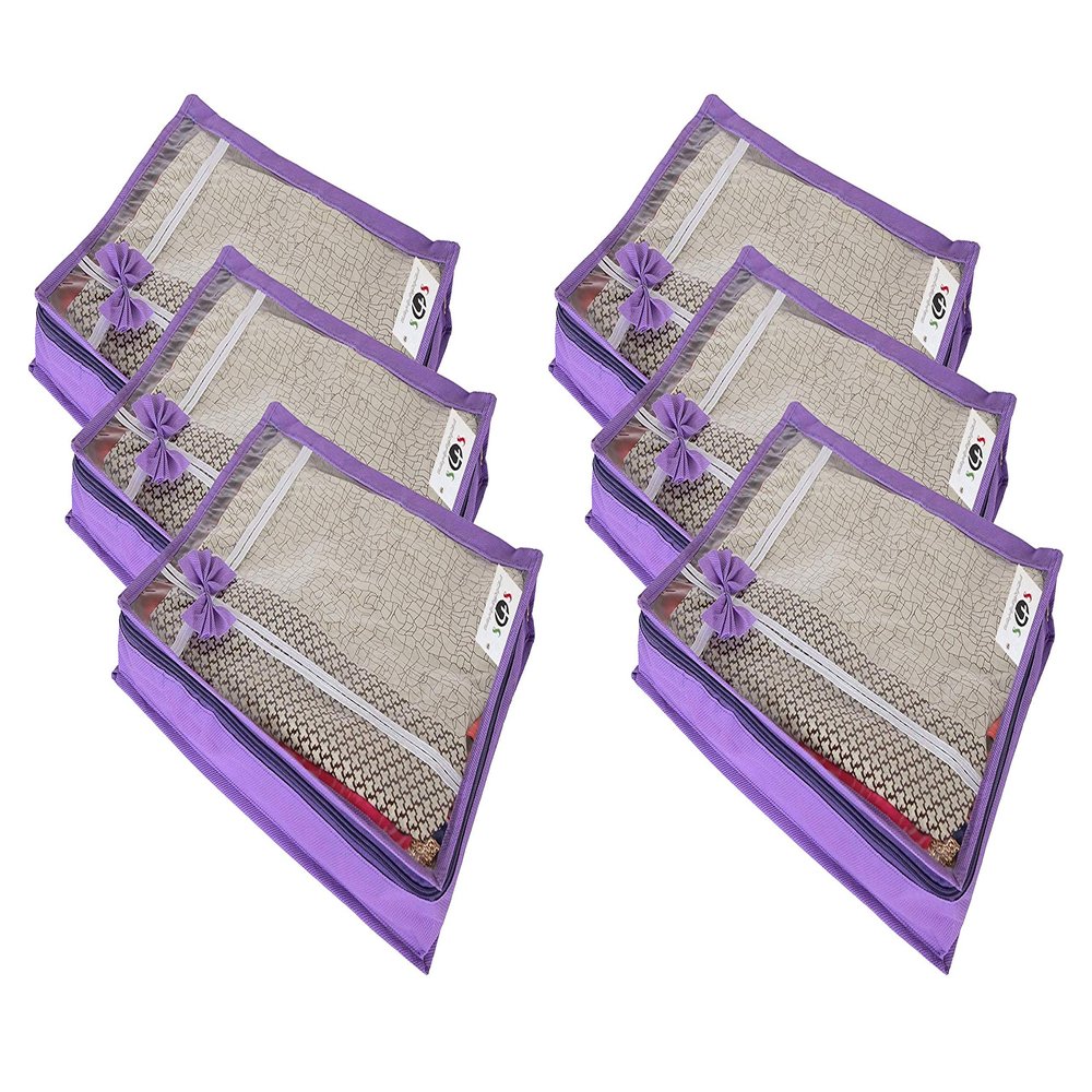 S4S Transparant View Non Woven Flower Design Attractive bow Saree Cover Bag, Cloth Cover (PURPLE_Set of 6)