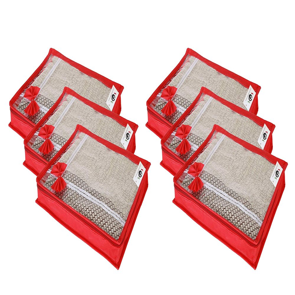 S4S Transparant View Non Woven Flower Design Attractive bow Saree Cover Bag, Cloth Cover (RED_Set of 6)