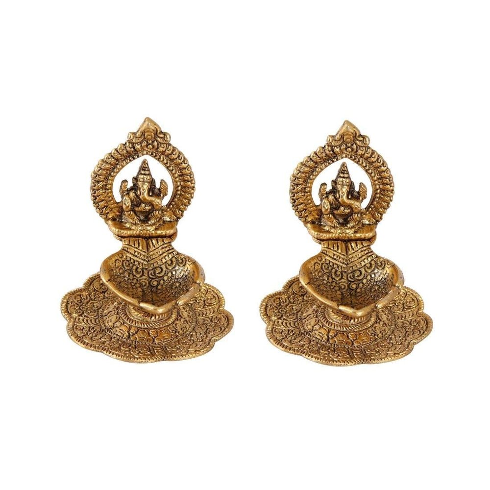 Prince Home Decor & Gifts Aluminium Metal Ganesh Diya with Swastik Engraved in Hand (10.2 cm x 10.2 cm x 11.5 cm, Set of 2), Multicolor