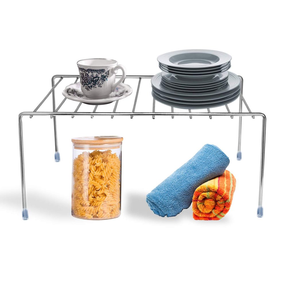 Plantex Stoarge Rack/Stainless Steel Shelf Divider for Kitchen/Storage Rack for Cabinet/Plate Stand/Dish Rack (Chrome)