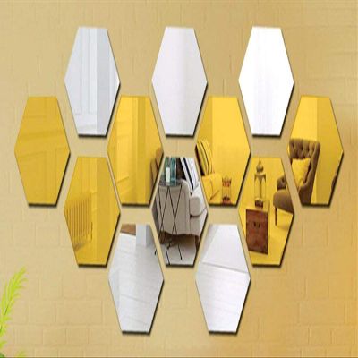 Wall1ders Acrylic Hexagon Mirror Wall Stickers (Silver and Golden, 10.5 x 12.1 cm Each Piece) - 6 Silver, 6 Golden