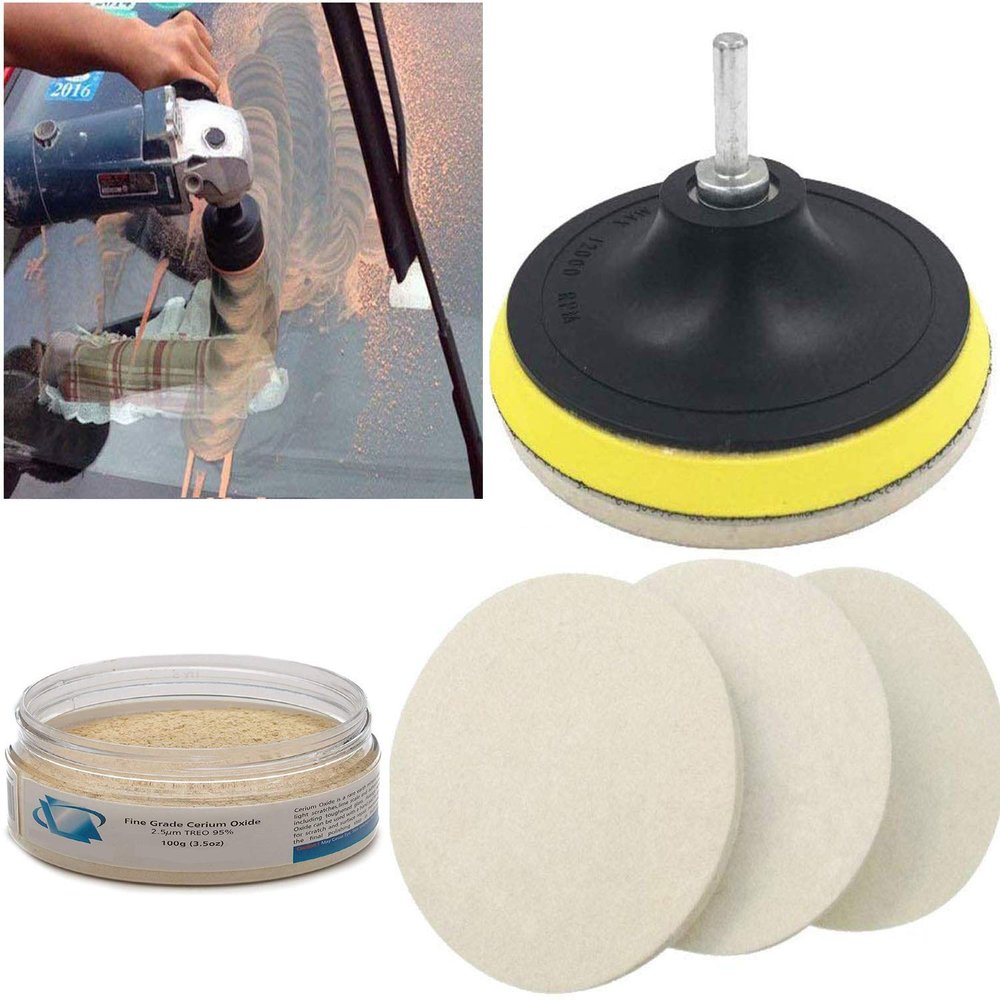 DIY Crafts 1 Kit, 3" inch Combo Cleaning Set, 100 Grm Cerium Oxide + Backing Pad + Universal Nut + Wool Polisher Polishing Clean Buffing Pad (1 Kit, 3" inch Combo Cleaning Set)