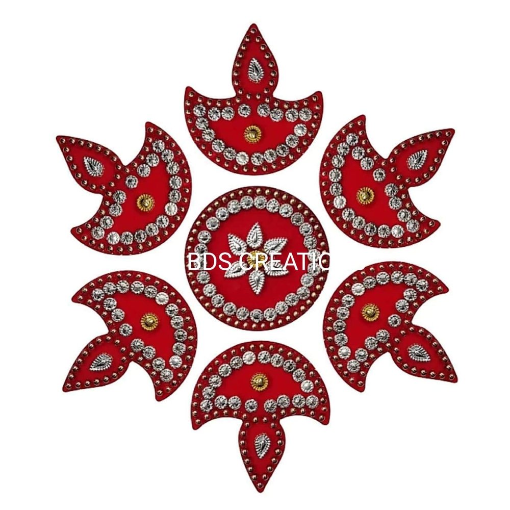 BDS CREATIONS 059 RED Designer Handcrafted Decorative Diwali Rearrangable Acrylic Kundan Rangoli for Floor Set of 7pcs