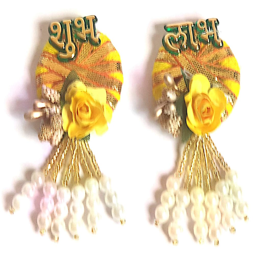 SHUBH LABH Sticker with Pearl Hanging and Artificial Flower Rose for Diwali and Door Decorations PUJA Decoration(2 INCH) (Yellow)