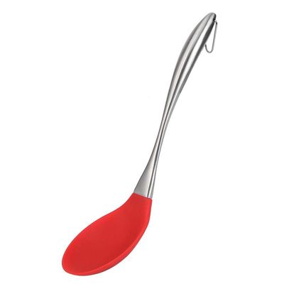 Baskety Basics XL Silicone Slotted Spoon (34 cm), High Heat Resistant to 480F, Hygienic One Piece Design Large Serving and Draining Spoon (Steel Spoon RED)