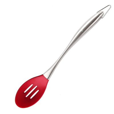 Baskety Basics XL Silicone Slotted Spoon (34 cm), High Heat Resistant to 480F, Hygienic One Piece Design Large Serving and Draining Spoon (Steel Spoon Hole Red)