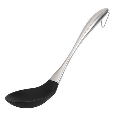 Baskety Basics XL Silicone Slotted Spoon (34 cm), High Heat Resistant to 480F, Hygienic One Piece Design Large Serving and Draining Spoon (Steel Spoon Black)