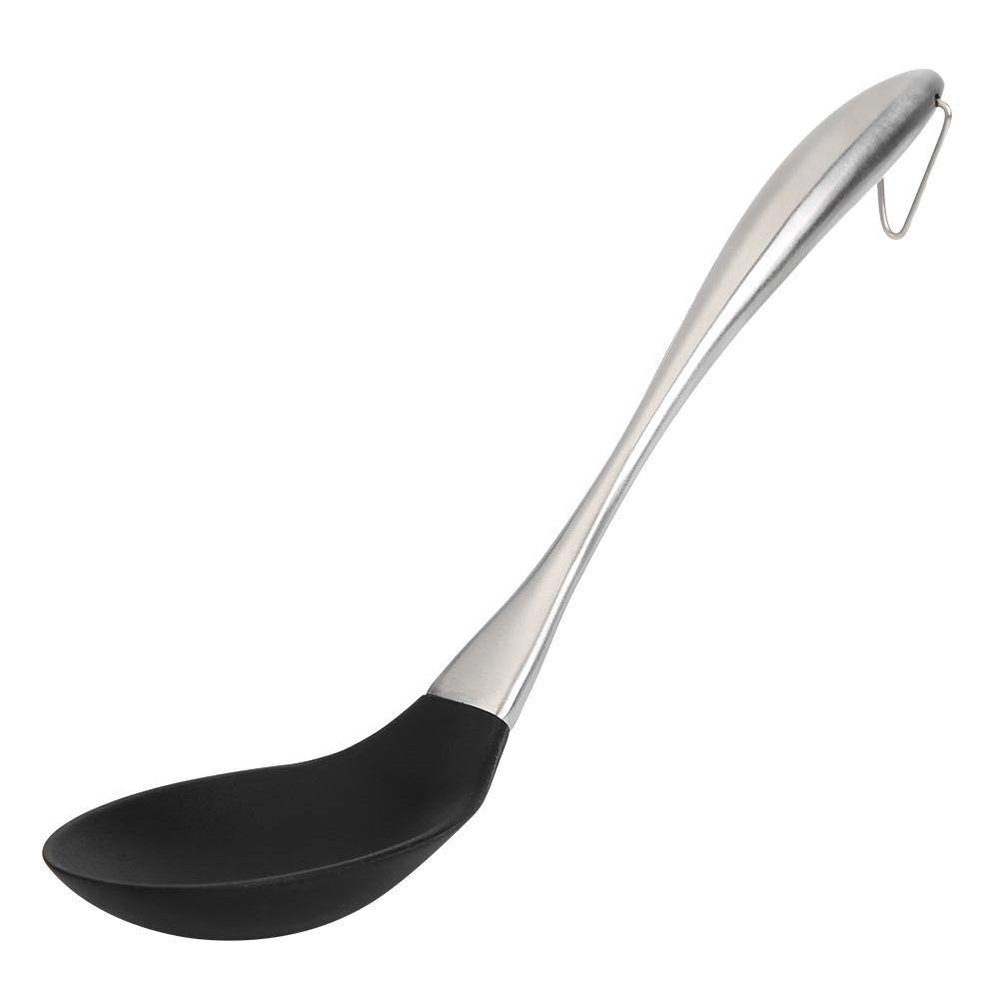 Baskety Basics XL Silicone Slotted Spoon (34 cm), High Heat Resistant to 480F, Hygienic One Piece Design Large Serving and Draining Spoon (Steel Spoon Black)
