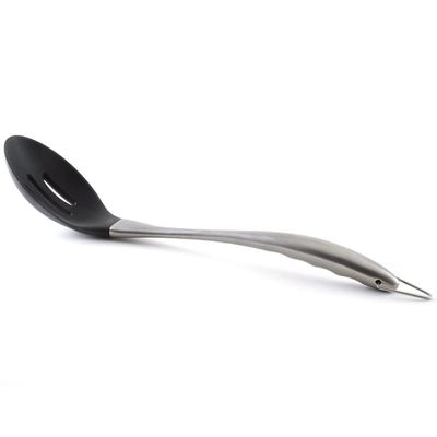 Baskety Basics Silicone Slotted Spoon (32 cm), High Heat Resistant to 480F Hygienic One Piece Design Large Serving and Draining Spoon (Steel Spoon Hole Black)