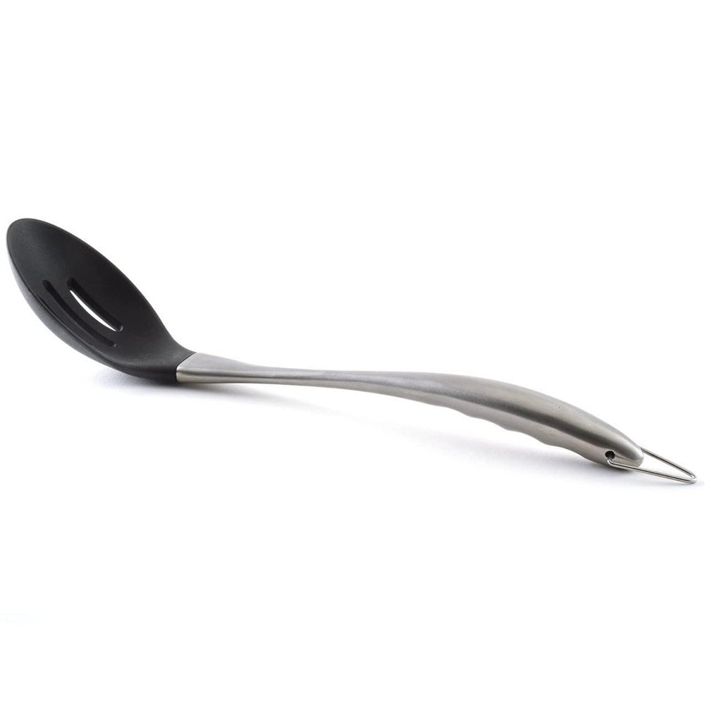 Baskety Basics Silicone Slotted Spoon (32 cm), High Heat Resistant to 480F Hygienic One Piece Design Large Serving and Draining Spoon (Steel Spoon Hole Black)