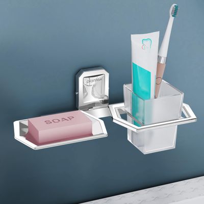 Plantex Platinum Stainless Steel 304 Grade Cute 2in1 Soap Dish with Tumbler Holder/Soap Stand/Tooth Brush Holder/Bathroom Accessories(Chrome) - Pack of 1